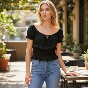 Astr Black Smocked Puff-Sleeve Crop Top